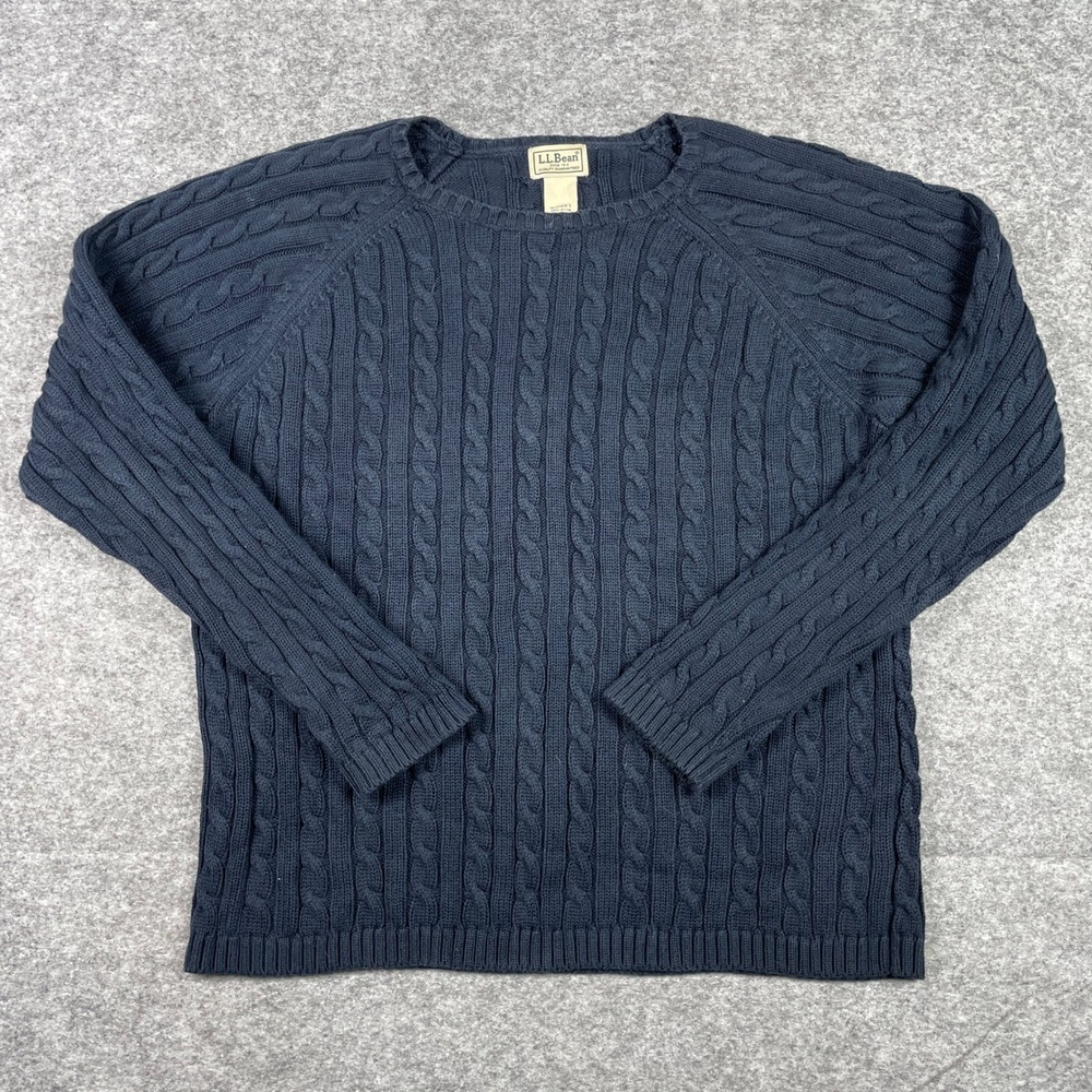 VTG LL Bean Sweater Womens L Navy Blue Aran Cable Knit Cotton Fisherman Pullover